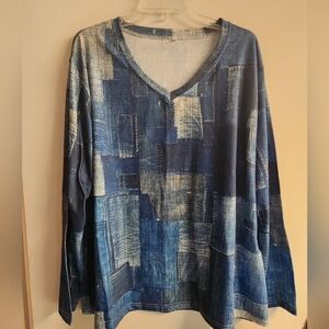 Blue Patchwork Long Sleeve Top